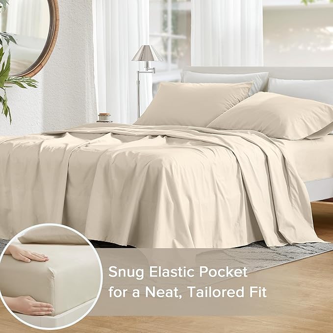 Comfort Spaces 100% Cotton Sheets Twin XL, Breathable & Ultra Soft Cotton Sheets, Naturally Cool Cotton Bed Sheets with 12" Elastic Pocket Fits up to 14" Mattress, All Seasons Sheet Set, Cream 3 Piece