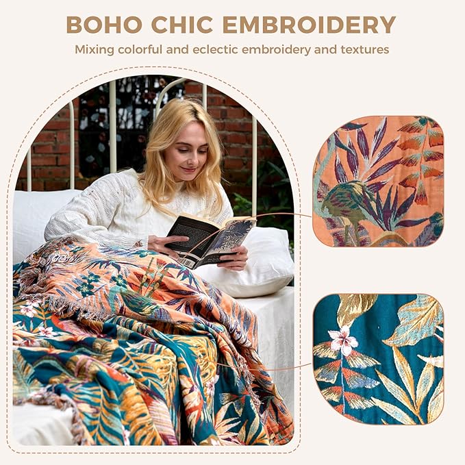 LUTBM Boho Throw Blanket for Bed Cotton Spring Blankets Bedroom Living Room Twin All Season Lightweight Forest Embroidery Quilt for Couch Sofa Chair 60"x80"