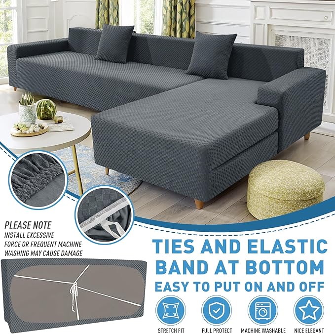 ZNSAYOTX Sectional Couch Covers, Stretch Jacquard Slipcovers with Elastic Bottom for L-Shape Sectional Sofa, 2 Pcs Pet Friendly Modular Sofa Protector (3 Seat Couch + 2 Seat Chaise, Dark Grey)