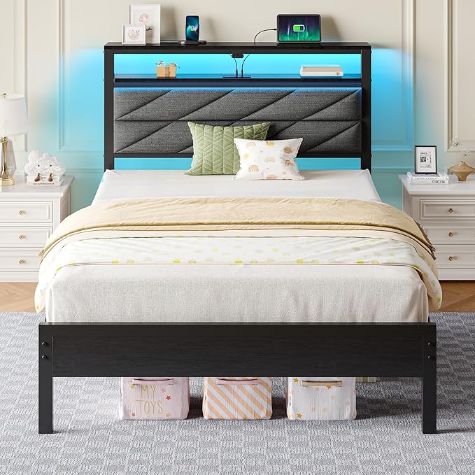 Seventable Twin Bed Frame with Charging Station & LED Lights, Upholstered Headboard with 2-Tier Storage Shelves, Metal Platform with Under Bed Storage, No Box Spring Needed, Easy Assembly, Dark Grey