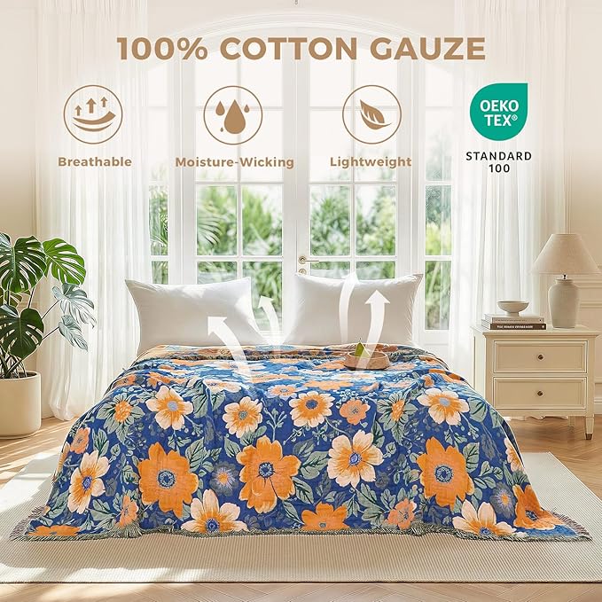 LUTBM Boho Throw Blanket for Bed Cotton Spring Blankets for Bedroom Living Room Twin All Season Lightweight Floral Embroidery Quilt for Couch Sofa Chair 60"x80"