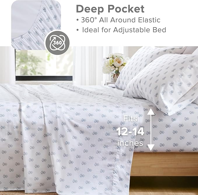 Comfort Spaces 100% Cotton Sheets Twin, Breathable, Naturally Cool Cotton Sheets, Soft Cotton Bed Sheets with 12" Elastic Pocket Fits up to 14" Mattress, All Seasons Sheet Set, Floral Blue 3 Piece