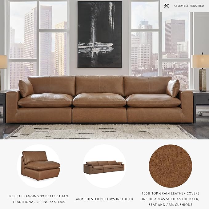 Signature Design by Ashley Emilia Modern Leather Match 3-Piece Sectional Sofa with Loose Back Cushions and 2 Bolster Pillows, Light Brown