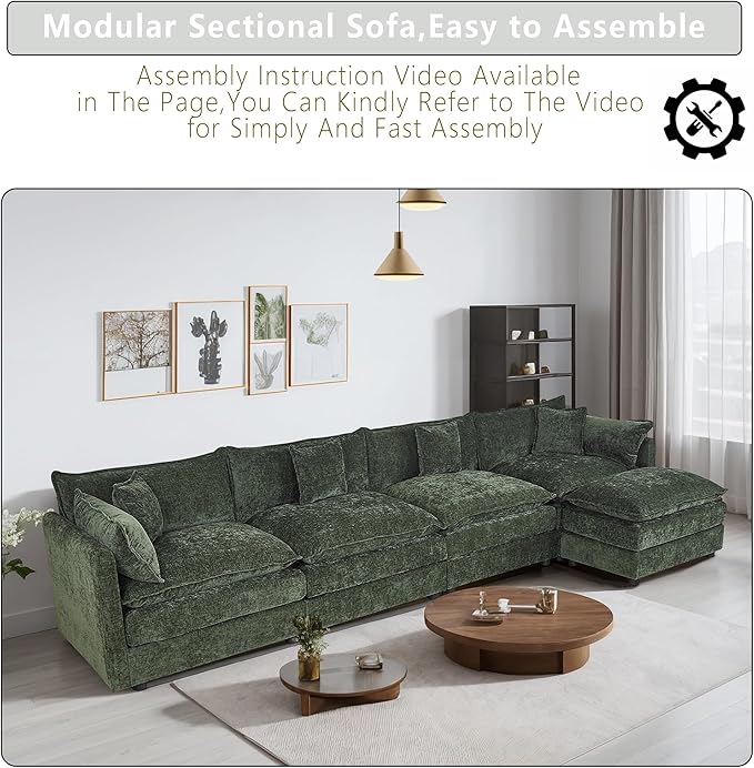 Setawix Deep 4 Seater Couch with Ottoman,147.22" L-Shaped Cloud Couches for Living Room,Chenille Cloud Sofa Couch with Deep Seat,Modular Sectional L Shape 4 Seat Sofa for Bedroom (Green, 4+1)