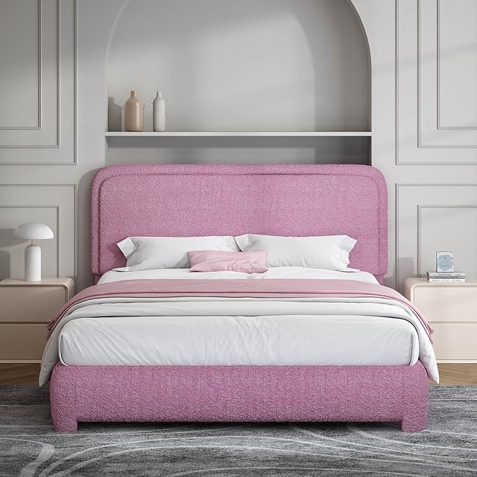 BarnFurin Queen Bed Frame with Headboard, Boucle Upholstered Platform Bed with Wood Slats, Soft Rounded Corners, No Box Spring Required, Non-Slip and Noise-Free, Easy Assembly, Rose Pink