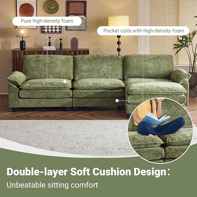 VINGLI 122" Cloud Double-Layer Deep Convertible Sectional Sofa, Comfy L-Shape 3-Seat Couches for Living Room, Modern Couch with Movable Ottoman for Small Space, Olive Green, Chenille