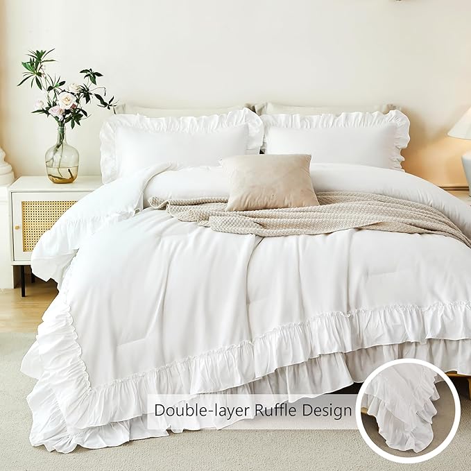 ANGIYUIN White Full Ruffle Comforter Set 5Pcs Double-Layer Ruffled Bed in A Bag with Sheets Lightweight Farmhouse Bedding Sets Solid Fluffy Shabby Chic Bed Sets for Girls Teens Women(White Full)