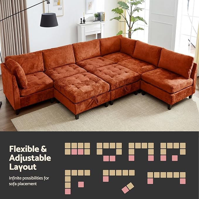 Luxe Oversized Modular Sectional Sofa Set，Modern Chenille Comfy Sectional Cloud Couch for Living Room (6-Seater + 2 * Ottoman + Tea Tray, Orange)