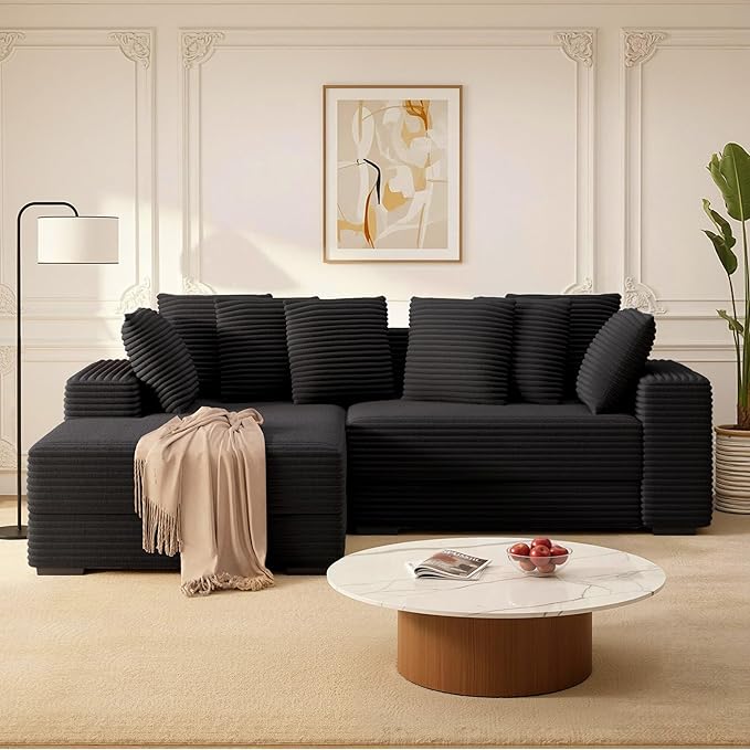 111'' Modular Sectional Cloud Couches with Chaise, L Shaped Extra Large Sleeper Couch Reversible Fluffy Corduroy with 8pcs Pillows for Living Room(Black Left Facing Chaise)