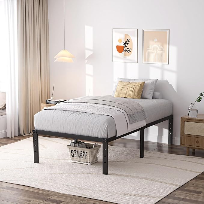 SHLAND Twin Bed Frames 16 Inch Metal Platform Bed Frame No Box Spring Needed, Twin Size Bed with Heavy Duty Strong Slat Support, Easy Assembly, No Noise, Black