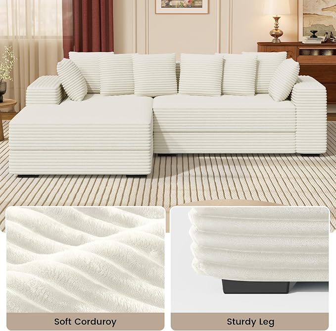 111'' Modular Sectional Cloud Couches with Chaise, L Shaped Extra Large Sleeper Couch Fluffy Corduroy with 8pcs Pillows for Living Room(Beige Left Facing Chaise)