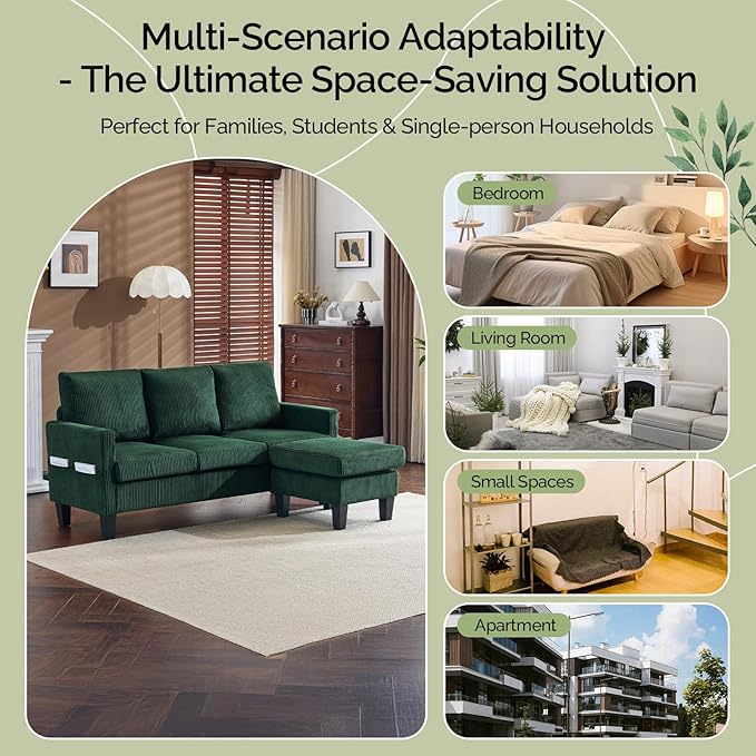 VINGLI 68.5' L Shaped Couch with Movable Storage Ottoman, Convertible Sectional Sofa in Soft Corduroy Fabric, Modern Reversible Chaise Couch for Small Spaces, Apartment, Living Room，Dark Green