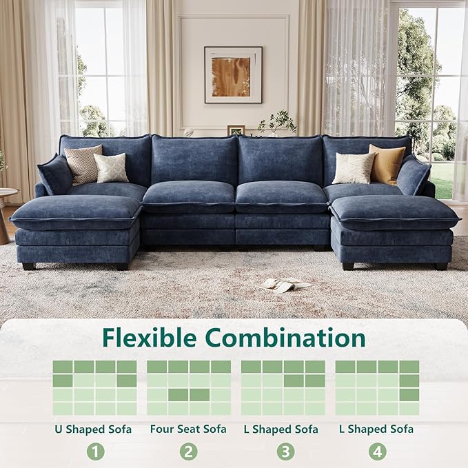 Modular Sectional U Shaped Sofa Couches for Living Room, Cloud Couch with Movable Ottoman, Comfy Chenille Sofa with Pillow for Bedroom and Apartment,Blue