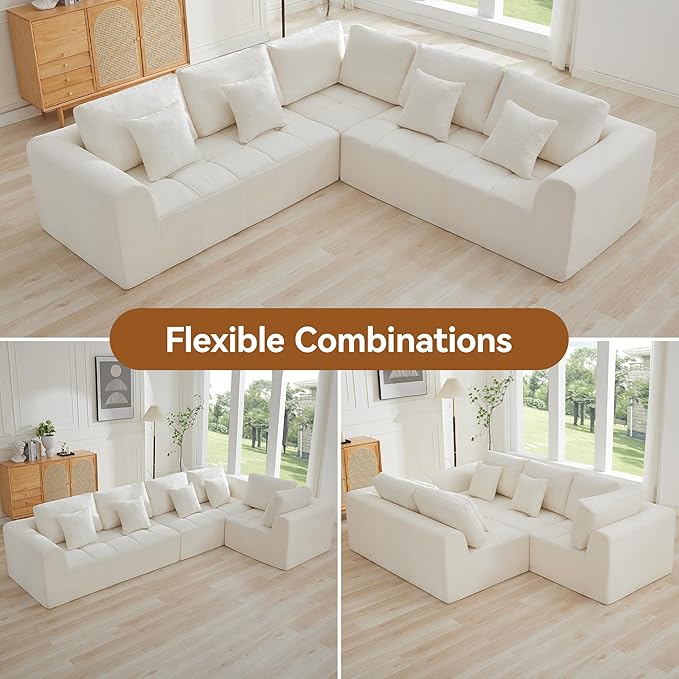 110'' Boneless Modular Couches for Living Room, Compressed Cloud Sectional Modern Sofa, L Shaped 5 Seater Upholstered Memory Foam Oversized Sofa, No Assembly, Chenille Beige