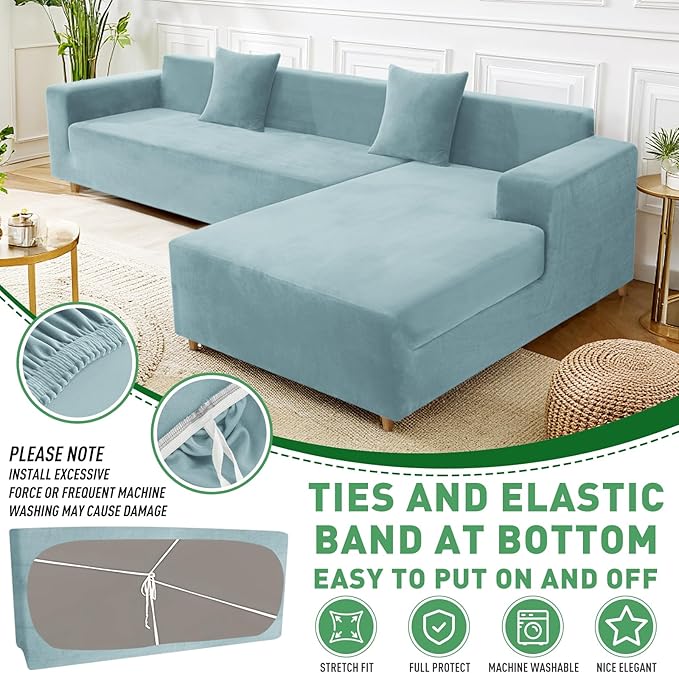 ZNSAYOTX 2026 Soft Velvet Sectional Couch Covers, Luxury Plush Slipcovers with Elastic Bottom for L Shape Sectional Sofa, 2 Pcs Pet Friendly Protector (3 Seat Couch + 3 Seat Chaise, Stone Blue)
