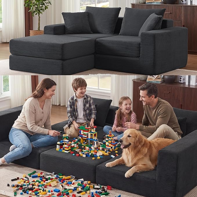 Modular Loveseat L Shaped Sofa,Boneless Cloud Couch with Ottoman (Deep Gray) | Freely Combination, No Assemble Required, Modular Design, Breathable Fabric, Convertible to Bed, Futon Bed