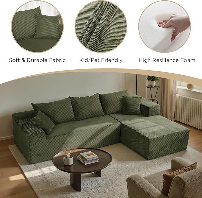 Green 103” Cloud Couch Sectional Sofa in Box with L-Shape Chaise,Modern Modular Couches Upholstered with Deep Seat for Living Room,No Assembly Required