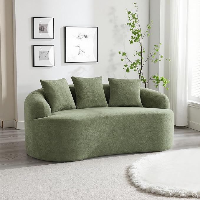 65" Boneless Loveseat Sofa Couch, Modern Comfy Curved Cloud Sofa, Chenille Deep Seat Love Seat Couches for Living Room, No Assembly, Green