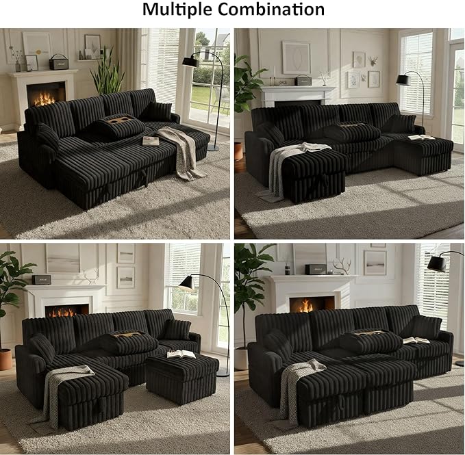 104" U Shaped Sleeper Sofa Bed, Sectional Couches for Living Room, Plush Corduroy Pull Out Couch Bed with Storage, Modular Sectional Couch with Charging Station, Cup Holder, Side Pocket, Black