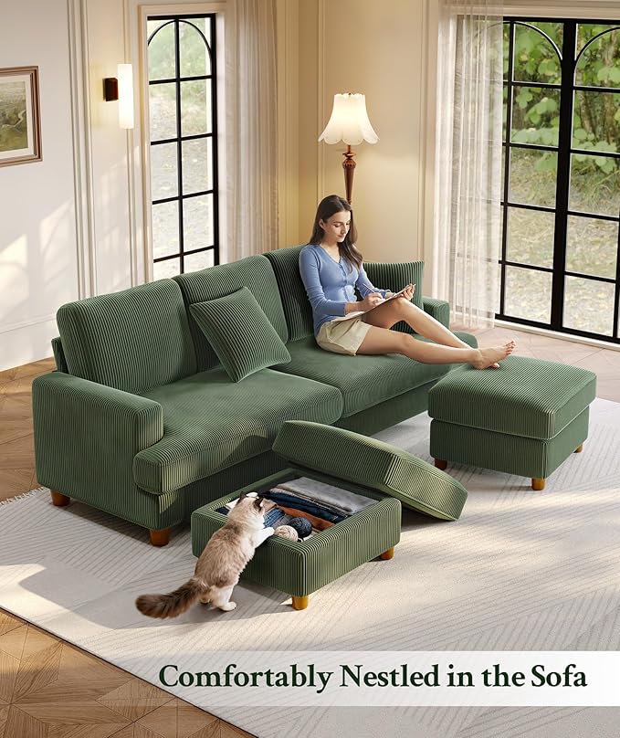 87.2" Couches for Living Room, Comfy U Shaped Couch Green 7.5" Thicker Cushion, Sofas for Living Room Tool-Free Setup, Loveseat with Ottoman 848lbs Support, Corduroy Couch for Bedroom, Office