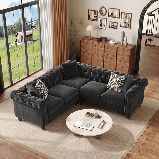 ONBRILL Velvet Chesterfield Sofa, L Shaped Sectional Sofa with Tufted Back & Rolled Arms, 3 Throw Pillows, Small Corner Sectional Couch for Living Room, Apartment, Black | Velvet Fabric