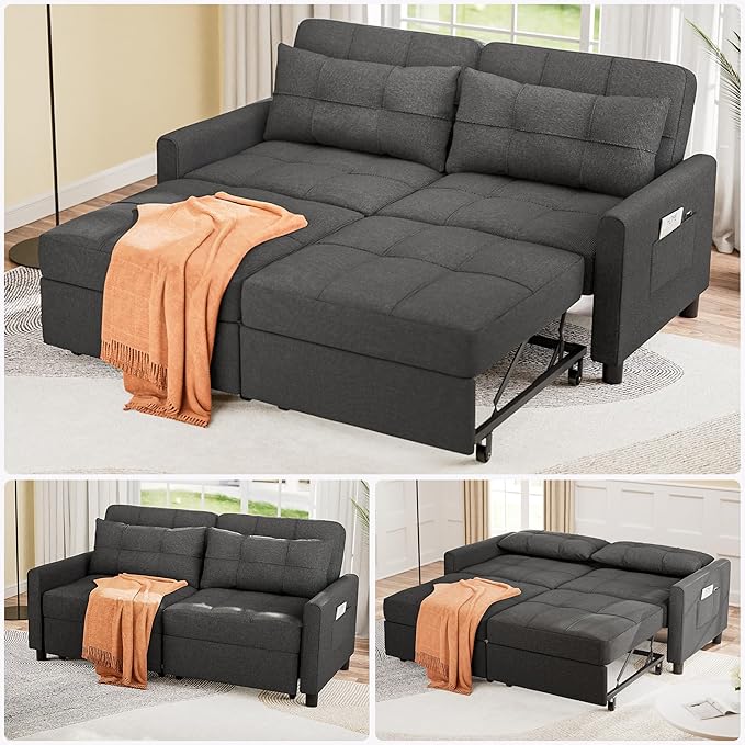 Aiho 58" Sleeper Sofa Bed, Pull-Out Couch with Adjustable Backrest and Side Pocket for Living Room (Dark Gray)