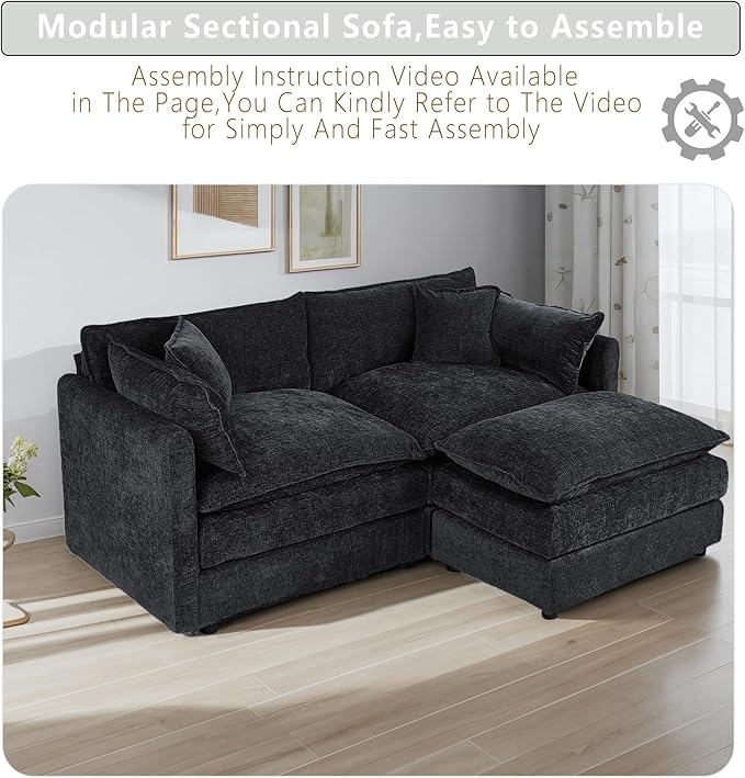 Setawix Deep Loveseat Couch with Ottoman,Large L-Shaped 2 Seater Cloud Couches for Living Room,77.16" Chenille Cloud Sofas with Deep Seat,Modular Sectional 2 Seat Sofa for Bedroom (Black, 2+1)