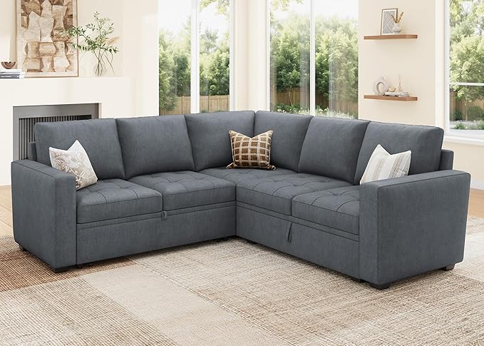 HONBAY Modular Sectional Sleeper Sofa with Pull Out Couch Bed, L Shaped Couch with Storage Seat, Sectional Couches for Living Room,Bluish Grey