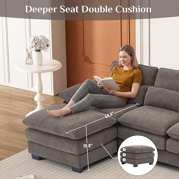 113" Cloud Couch Sectional Modular Sofa U Shaped Sectional Couches for Living Room Comfy 5-Seater Deep Seat Couch Chenille Cloud Sectional Sofa with Movable Ottoman & 4 Pillows, Stone Grey