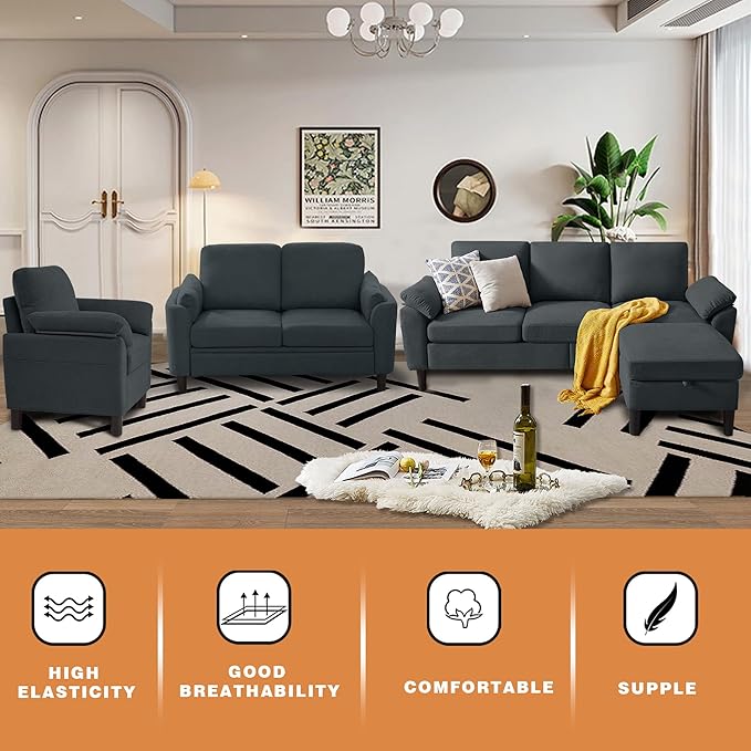 4 Piece Convertible Sectional Sofa Set, Modern Linen Small L Shaped Couch with Reversible Chaise, 3-Seater Sofa & Loveseat & Armchair for Living Room, Office, Apartment, Dark Grey