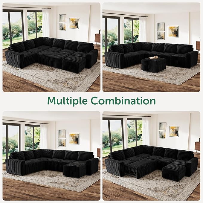 HONBAY Modular Sectional Sleeper Sofa with Pull Out Bed,Corduroy U Shaped Couch with Storage, Sectional Couches for Living Room,Black