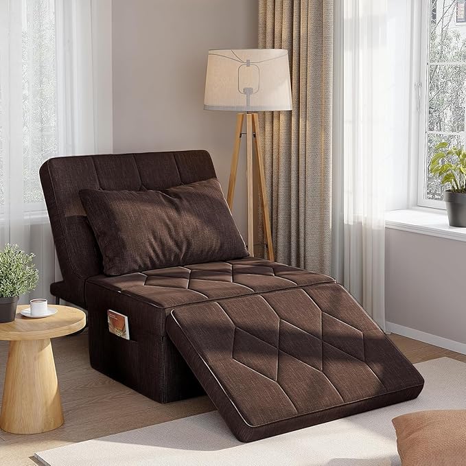 Convertible Sofa Bed with 5-Level Adjustable Backrest, 74" D x 37" W 4-in-1 Folding Ottoman Sleeper Chair Bed, Modern Single Futon Couch for Living Room Apartment Dorm Small Space, Dark Brown