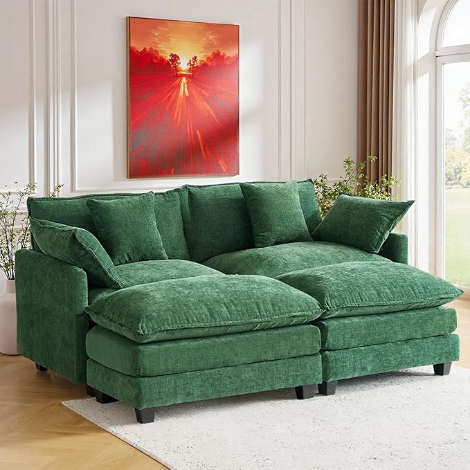 Expandable L-Shaped Sectional Sofa with Ottoman for Apartments, 77" Cloud Chenille Couch, Create a U-Shape Layout with Optional 2nd Ottoman, Solid Wood Frame, Easy Assembly