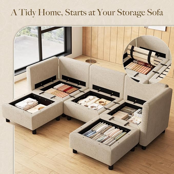 Belffin 84.3" 5 Seats U Shaped Couch Modular Sectional Sofa Washable Sectional Couches for Living Room Comfy Couches with Storage Seat Couch Sofas with Chaise,Beige