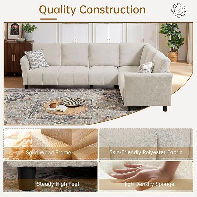 Convertible Sectional Sofa Couch, 102" L Shaped Couch with Back Cushions, Modern Upholstered Fabric 6-Seat Reversible Sofa Set for Living Room, Apartment, Office, Beige