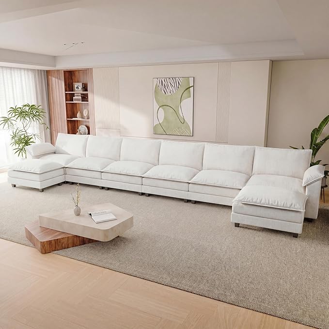 232.28'' Oversized U Shaped Couch, Modular Sectional Sofa with 2 Movable Ottoman, Chenille Cloud Couches with Double Layer Cushion, Thick Cushions Couches for Living Room (White, Oversized Sofa)