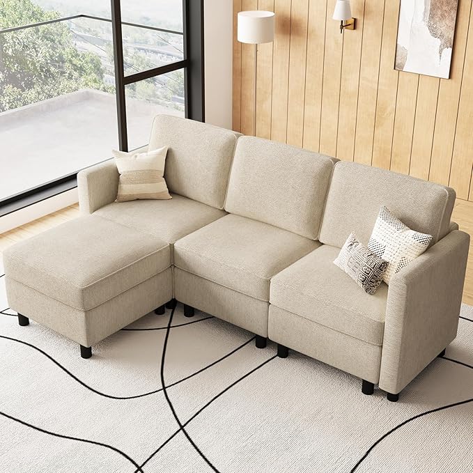Belffin 84.3" 4 Seats L Shaped Couch Modular Sectional Sofa Washable Sectional Couches for Living Room Comfy Couches with Storage Seat Couch Sofas with Chaise,Beige