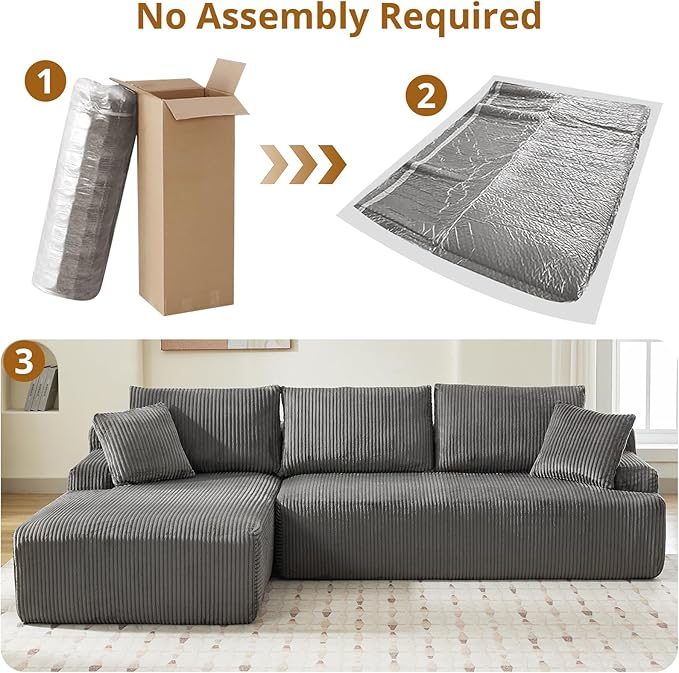Sectional Cloud Boneless Couch 106" Modern Comfy L-Shape Corner No Assembly Required Convertible Compression Sleeper Modular Sofa with Corduroy Fabric Deep Seat Loveseat + Chaise for Living Room