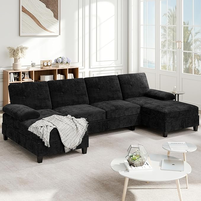 Meilocar Sectional Couches for Living Room, 106 in U Shaped Couch Soft Sectional Sofa with Double Chaise, Comfortable 4 Seat Sofa Couch (Black)