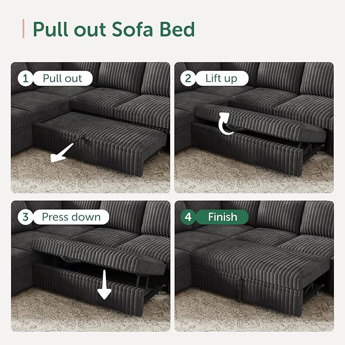 HONBAY Modular Sectional Sleeper Sofa with Pull Out Bed,Corduroy U Shaped Couch with Storage, Sectional Couches for Living Room,Dark Grey