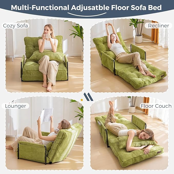MAXYOYO Adjustable Floor Sofa Couch with Pillow, Multi-Functional Bean Bag Bed, 5-Position Foldable Lazy Sofa Sleeper Bed with Armrest, Versatile Floor Seating for Reading Gaming, Green, Single