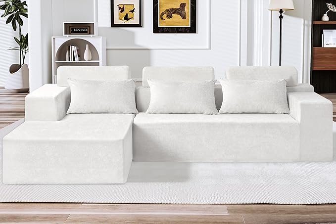 HABUTWAY 105" L-Shape Modular Sectional Sofa Couch for Living Room,No Assembly Required,Modular Comfy Sofa with Deep Seat for Living Room Bedroom,Luxury Distressed Velvet(Left,Beige)