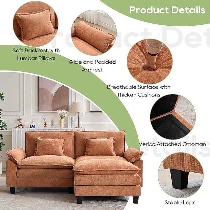 86" Modular Sectional Sofa, Comfy Cloud Couch Sectional Sofa with Ottoman, Chenille Sofa Sleeper Deep Seat Sofa with Throw Pillows for Living Room (Orange, 86"- L Shape)