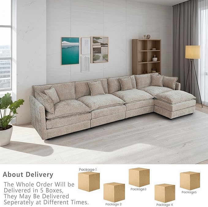 Setawix Deep 4 Seater Couch with Ottoman,147.22" L-Shaped Cloud Couches for Living Room,Chenille Cloud Sofa Couch with Deep Seat,Modular Sectional L Shape 4 Seat Sofa for Bedroom (Coffee, 4+1)
