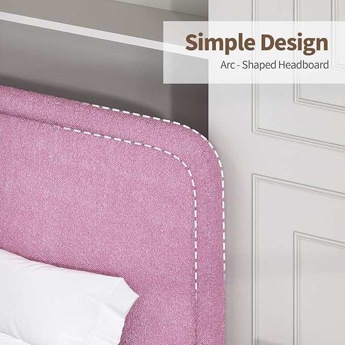 BarnFurin Full Size Bed Frame with Headboard, Boucle Upholstered Platform Bed Frame, Soft Rounded Corners, No Box Spring Required, Non-Slip and Noise-Free, Easy Assembly, Rose Pink