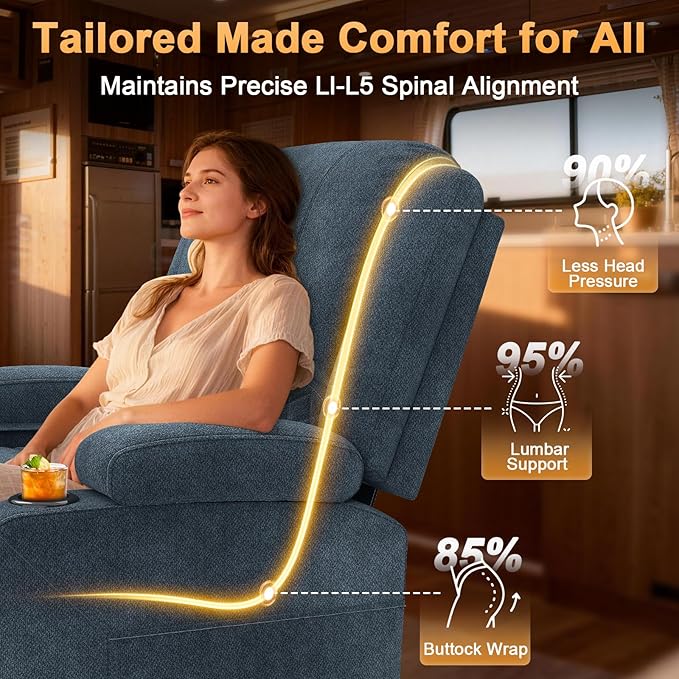 Oversized Manual Recliner Chair, 3 Angle Recliner Home Theater Seating, RV Recliner Single Sofa with Hidden Arm Storage, Cup Holder & Side Pocket (Single, Blue)