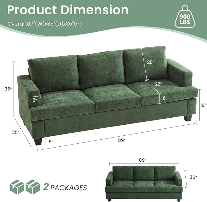 YOUDENOVA Sofa, 89" 3-Seater Deep Seat Sofa, Modern Comfy Couches for Living Room Apartment Lounge, Green Chenille