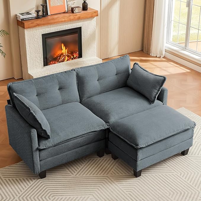 Modular Sectional Sofa, 76.5" L-Shaped Corduroy Comfy Sectional Couches for Living Room, 2-Seater Cloud Couches with 1 Movable Ottoman, Flexible Combination Modern Deep Seat Sofa (Grey)