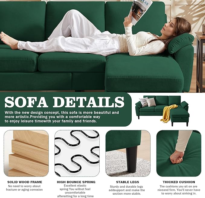79" Convertible Sectional Sofa, Modern Linen Small L Shaped Couch with Reversible Chaise and Storage Ottoman, 3-Seat Sofa Couches for Living Room, Office, Apartment, Green
