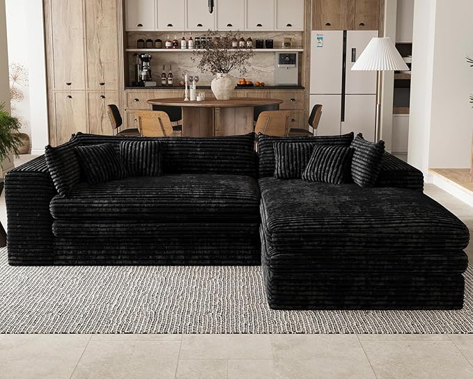 Belffin Boneless Cloud L Shaped Couch with Deep Seat Plush Corduroy Boneless Modular Cloud Sectional Couches for Living Room. Right Facing Chaise. Black Sofa